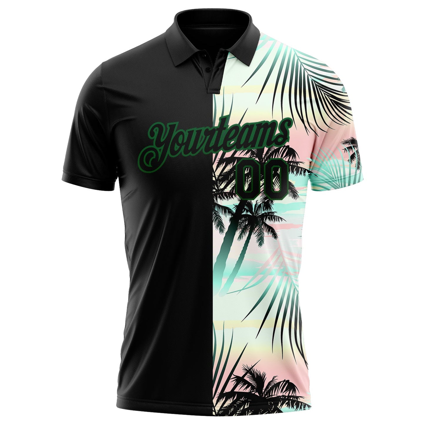 Custom Black Green 3D Pattern Design Tropical Hawaii Palm Leaves Performance Golf Polo Shirt view 2