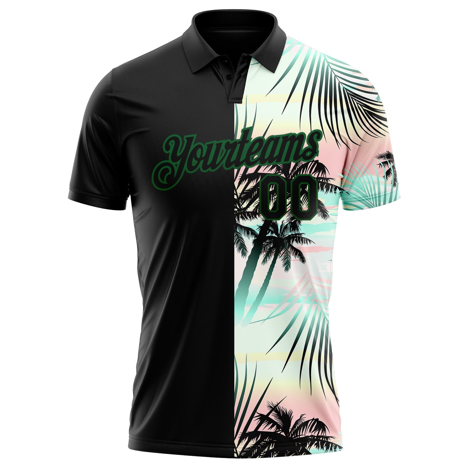 Custom Black Green 3D Pattern Design Tropical Hawaii Palm Leaves Performance Golf Polo Shirt view 2