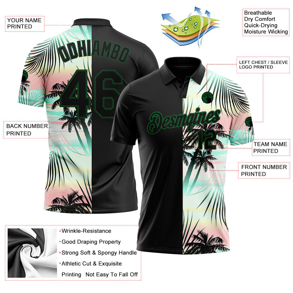 Custom Black Green 3D Pattern Design Tropical Hawaii Palm Leaves Performance Golf Polo Shirt view 3