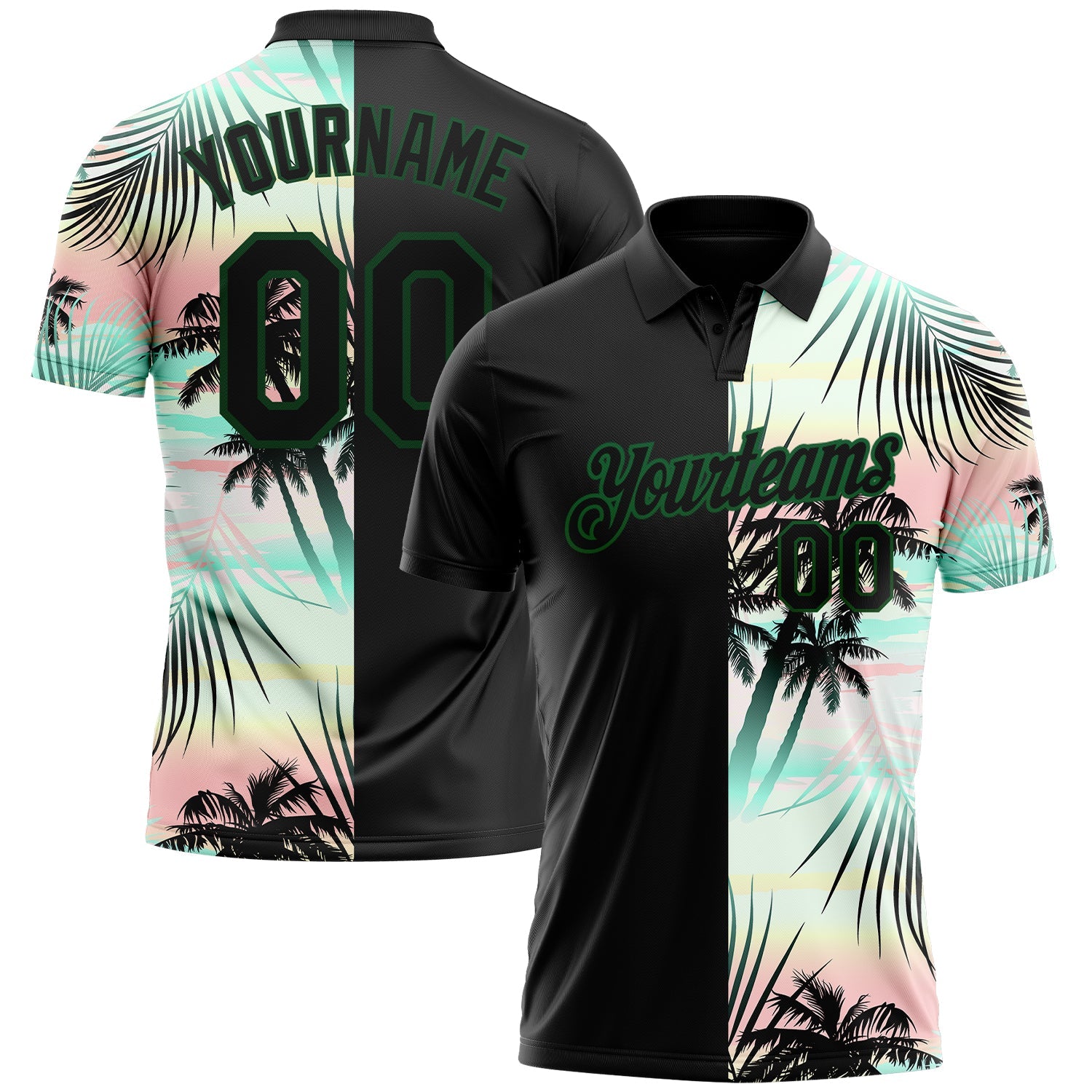 Custom Black Green 3D Pattern Design Tropical Hawaii Palm Leaves Performance Golf Polo Shirt - Main View