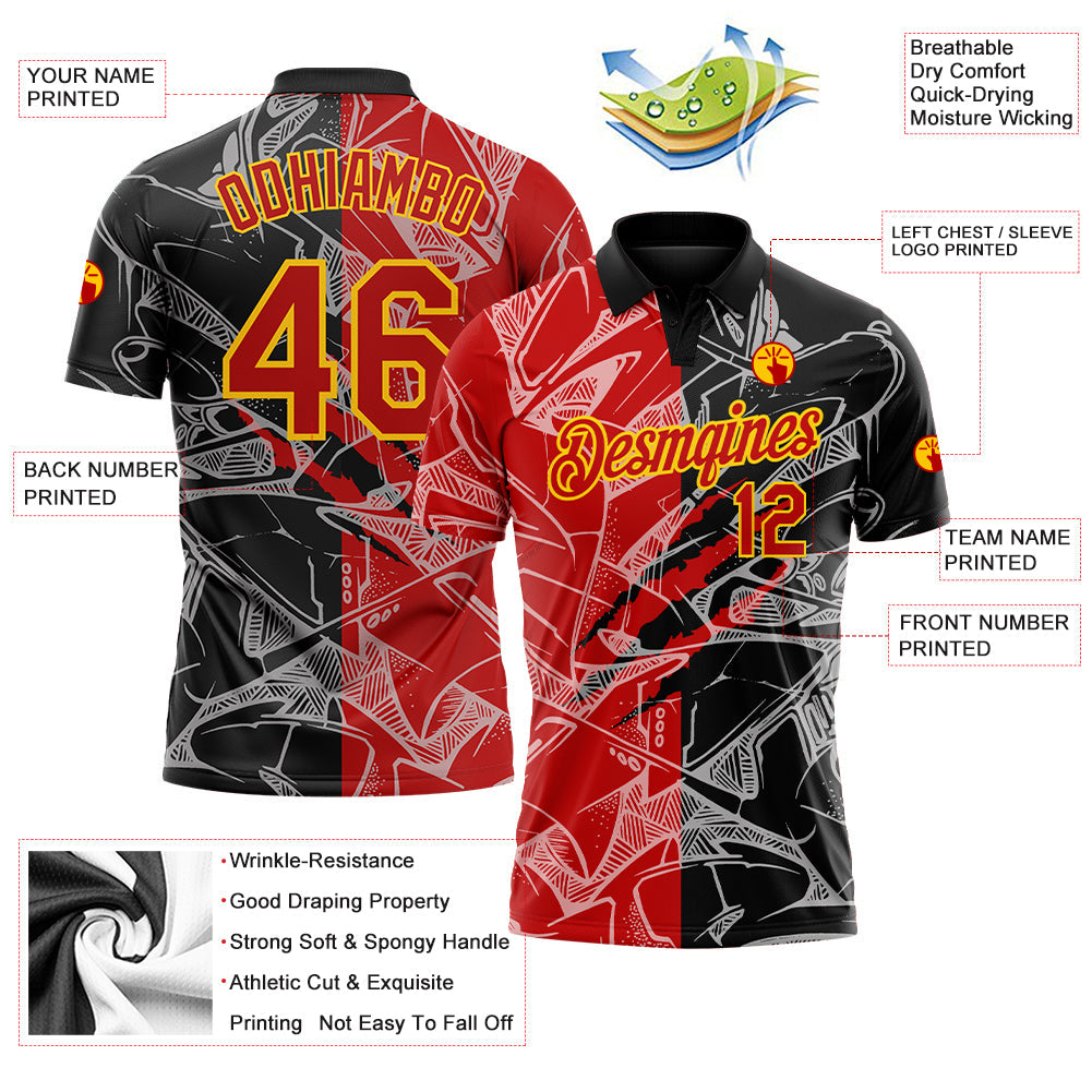 Custom Graffiti Pattern Red-Yellow 3D Scratch Performance Golf Polo Shirt view 3