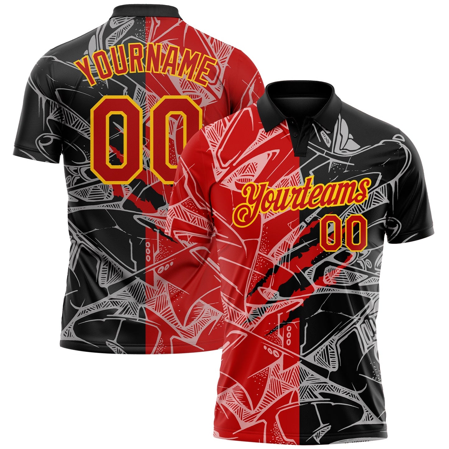 Custom Graffiti Pattern Red-Yellow 3D Scratch Performance Golf Polo Shirt - Main View