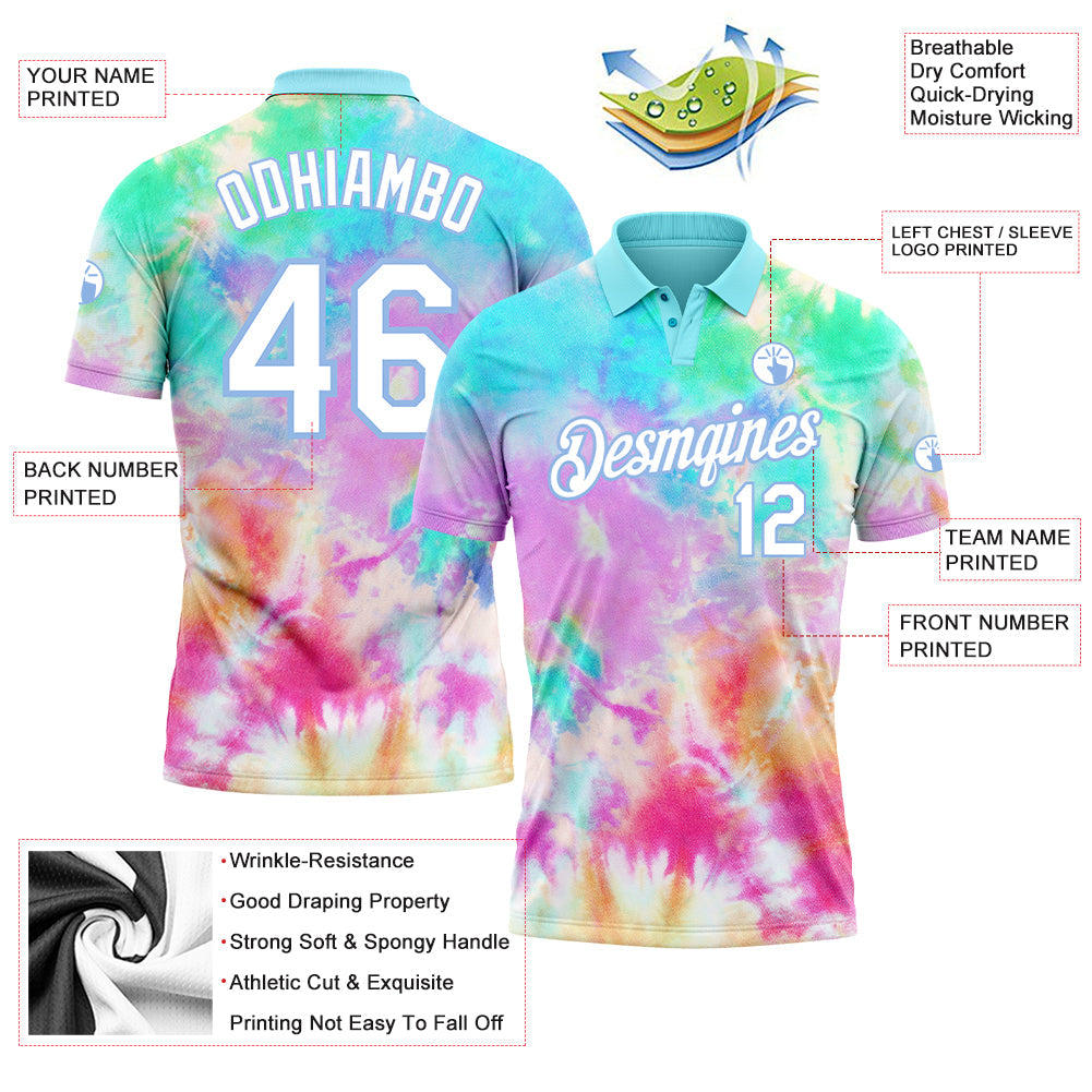 Custom Tie Dye White-Light Blue 3D Watercolor Performance Golf Polo Shirt view 3