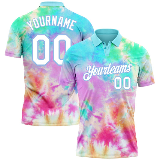 Custom Tie Dye White-Light Blue 3D Watercolor Performance Golf Polo Shirt - Main View
