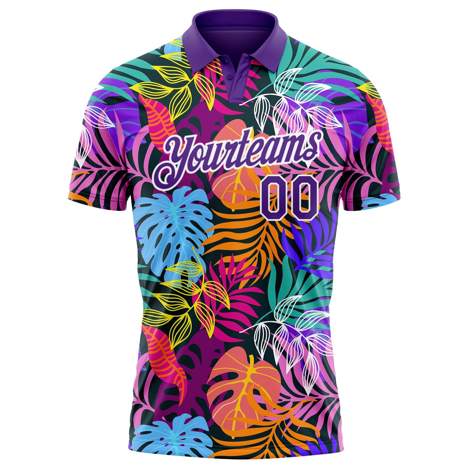 Custom Purple White 3D Pattern Design Hawaii Palm Trees Performance Golf Polo Shirt view 2