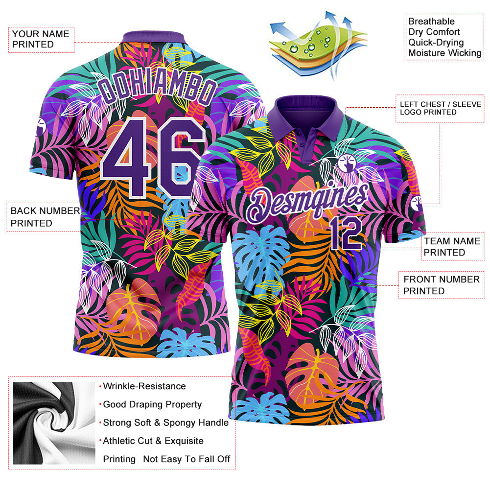 Custom Purple White 3D Pattern Design Hawaii Palm Trees Performance Golf Polo Shirt view 3