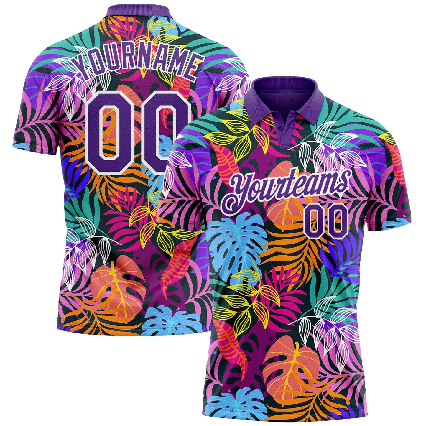 Custom Purple White 3D Pattern Design Hawaii Palm Trees Performance Golf Polo Shirt - Main View