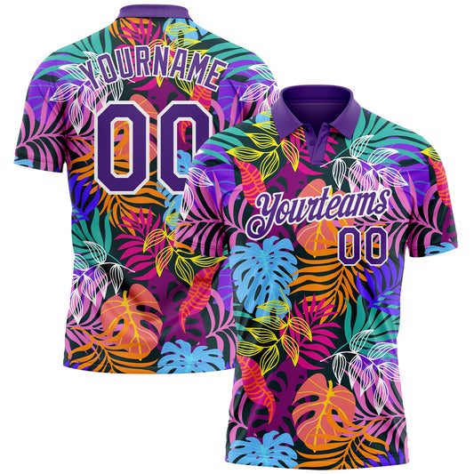 Custom Purple White 3D Pattern Design Hawaii Palm Trees Performance Golf Polo Shirt - Main View