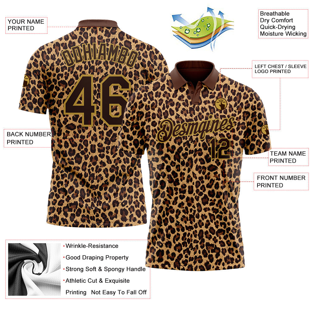 Custom Brown Old Gold 3D Pattern Design Leopard Print Performance Golf Polo Shirt view 3