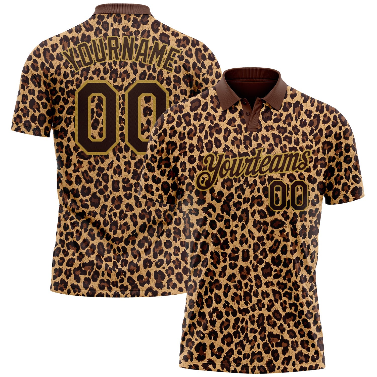 Custom Brown Old Gold 3D Pattern Design Leopard Print Performance Golf Polo Shirt - Main View
