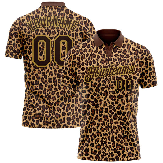 Custom Brown Old Gold 3D Pattern Design Leopard Print Performance Golf Polo Shirt - Main View