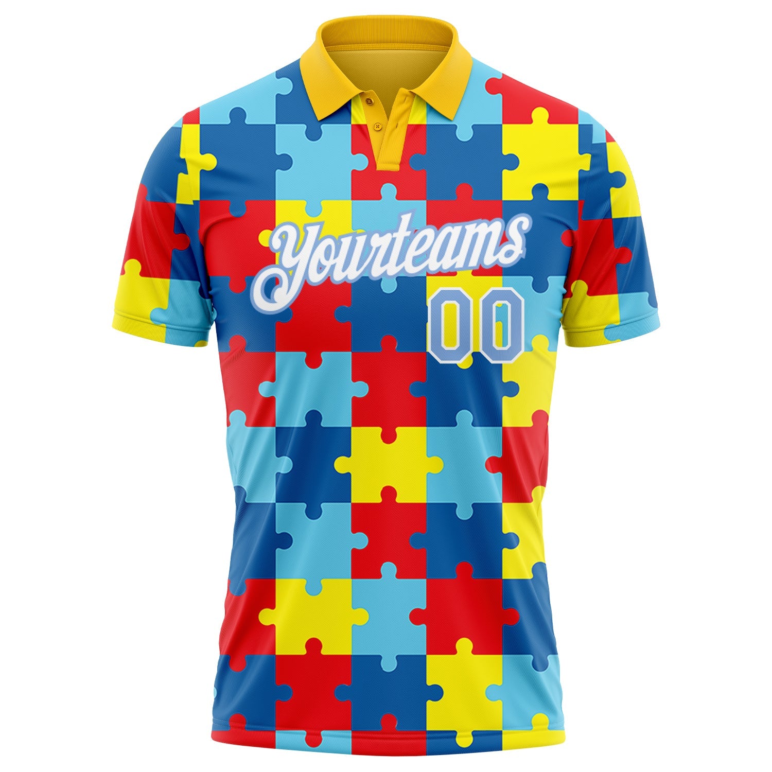 Custom Light Blue White 3D Pattern Design Autism Supporter Awareness Puzzle Pieces Performance Golf Polo Shirt view 2