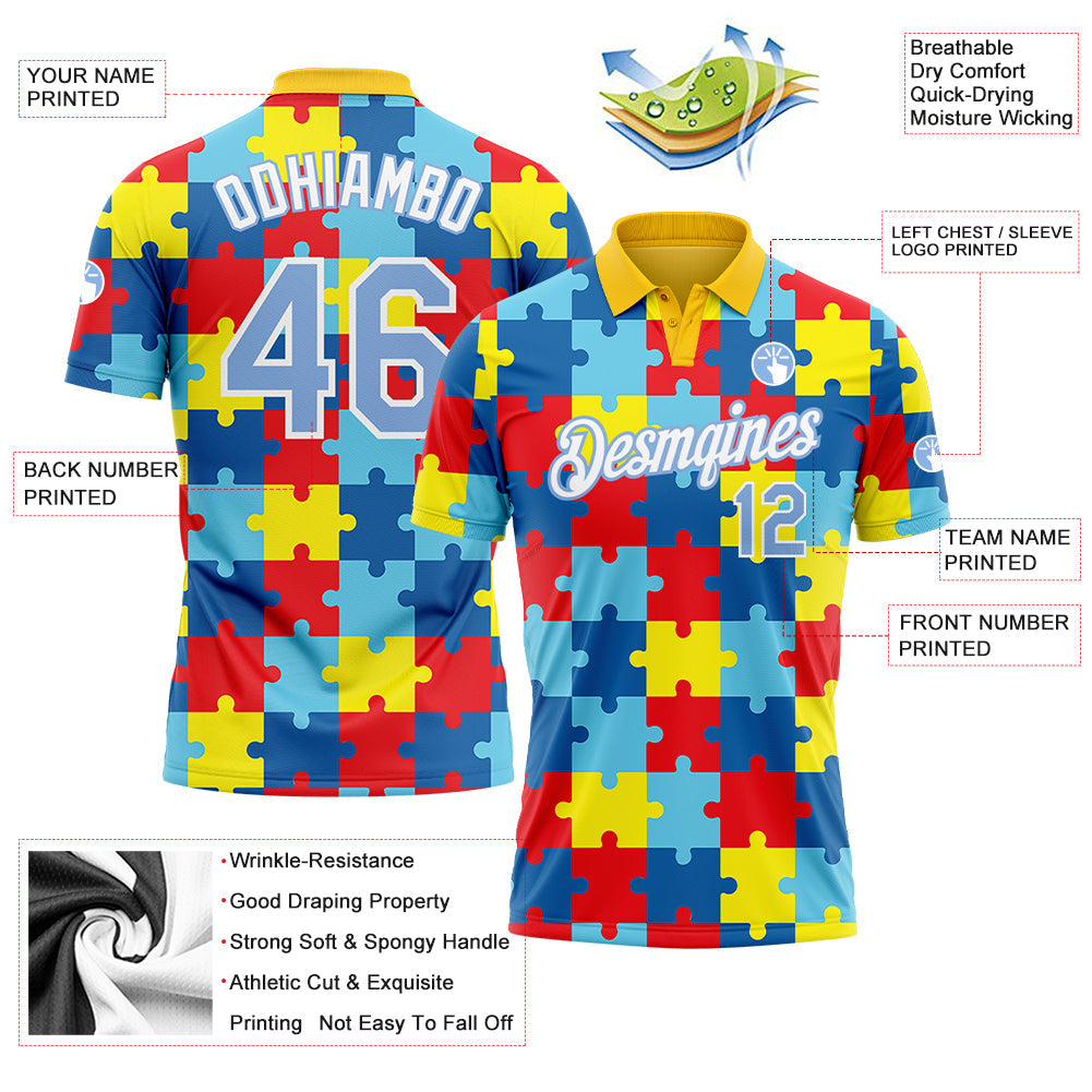 Custom Light Blue White 3D Pattern Design Autism Supporter Awareness Puzzle Pieces Performance Golf Polo Shirt view 3