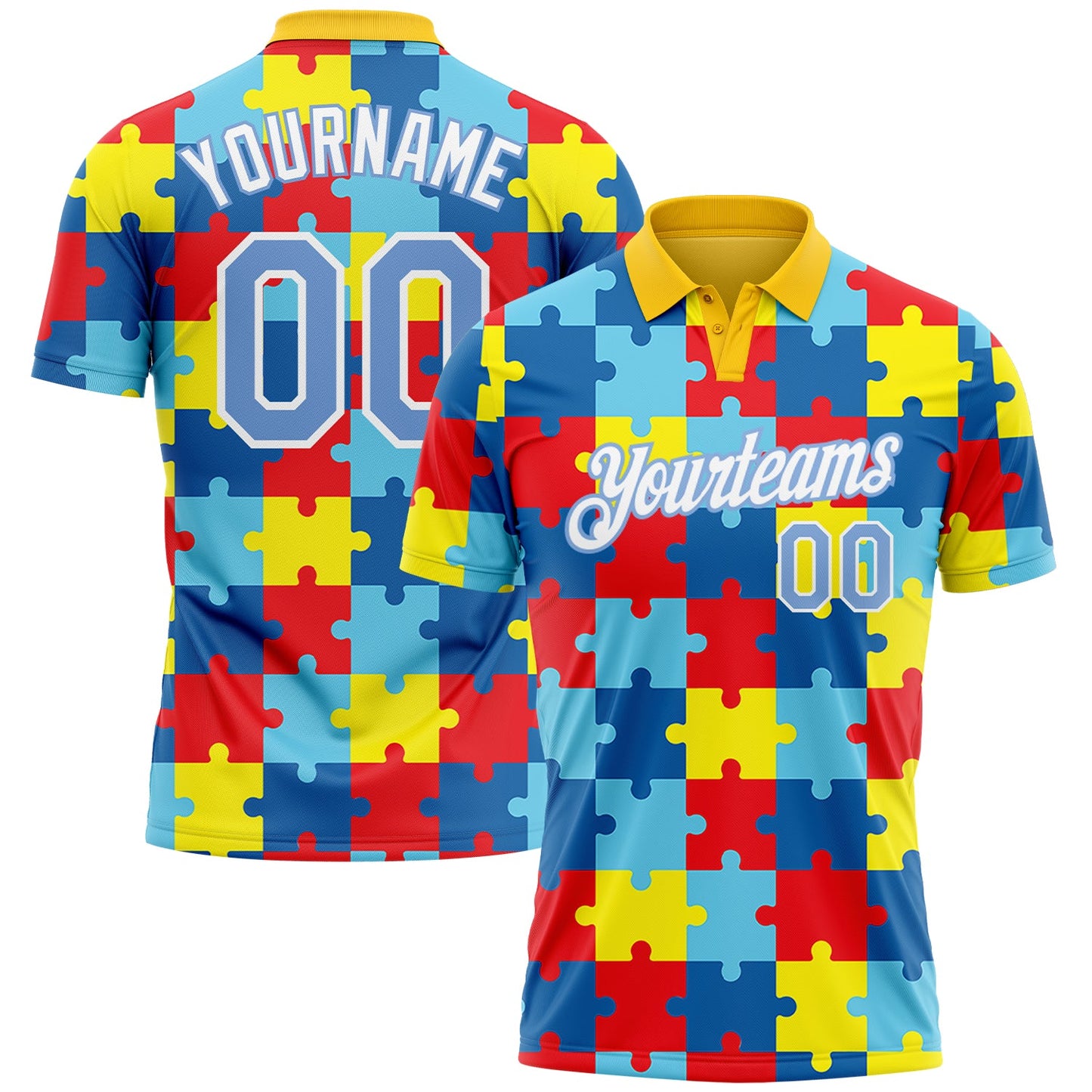 Custom Light Blue White 3D Pattern Design Autism Supporter Awareness Puzzle Pieces Performance Golf Polo Shirt - Main View