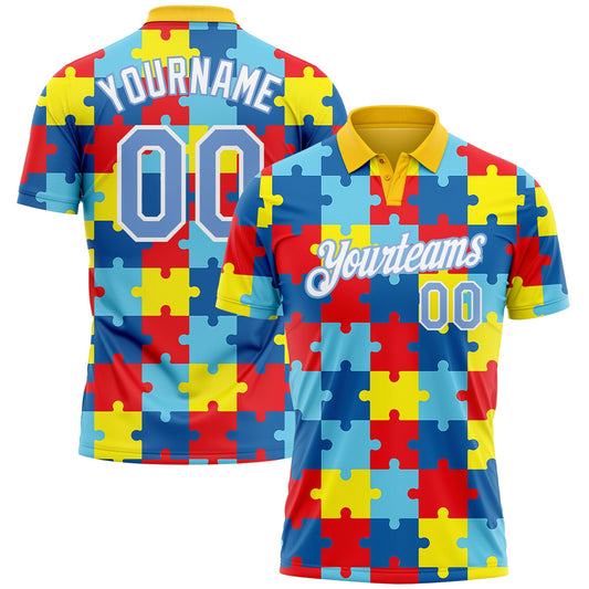 Custom Light Blue White 3D Pattern Design Autism Supporter Awareness Puzzle Pieces Performance Golf Polo Shirt - Main View