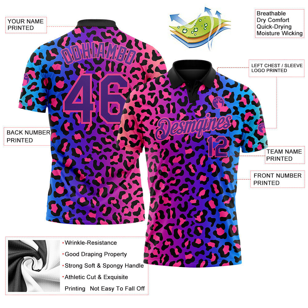 Custom Pink Purple-Black 3D Pattern Design Leopard Print Performance Golf Polo Shirt view 3