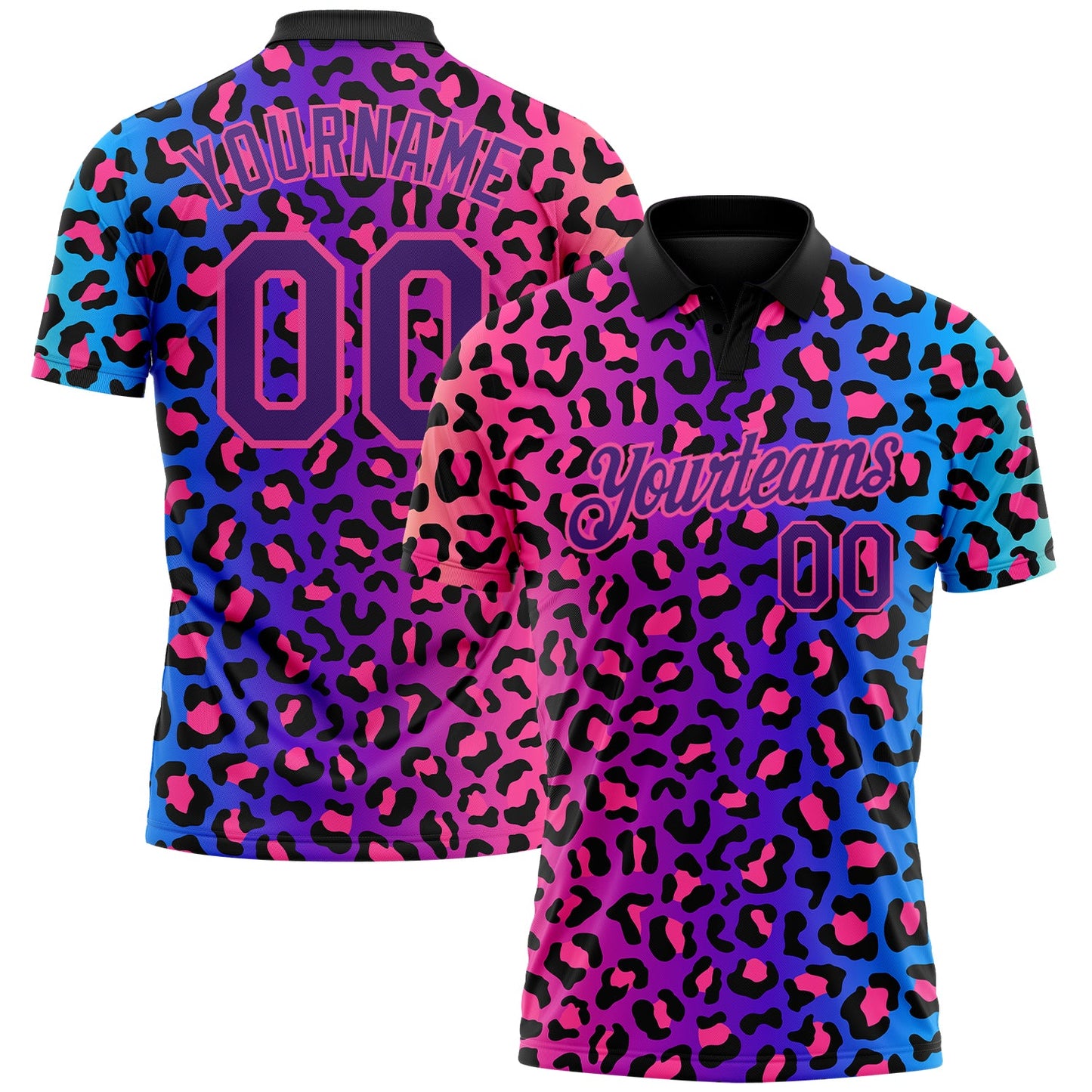 Custom Pink Purple-Black 3D Pattern Design Leopard Print Performance Golf Polo Shirt - Main View
