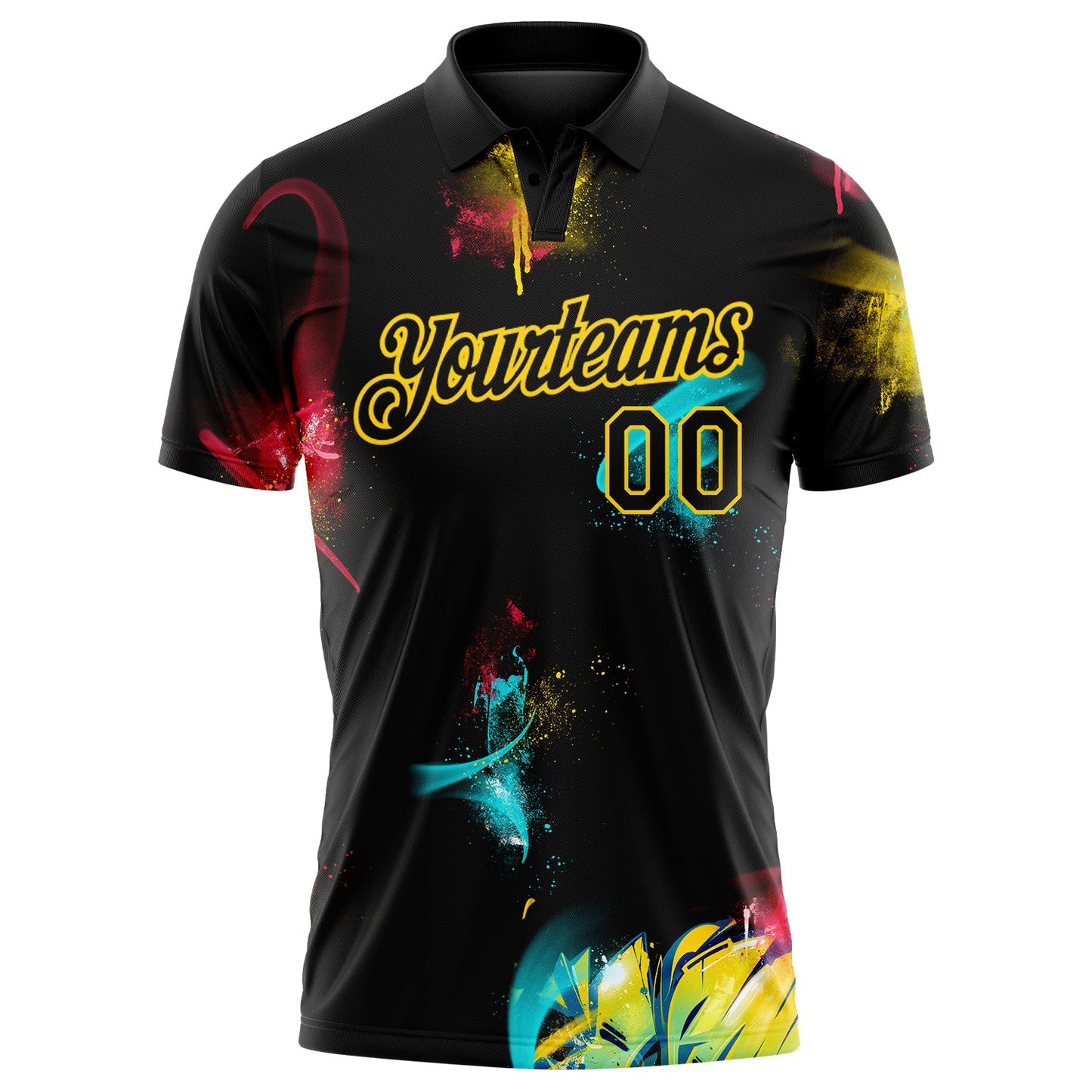 Custom Graffiti Pattern Black-Yellow 3D Performance Golf Polo Shirt view 2
