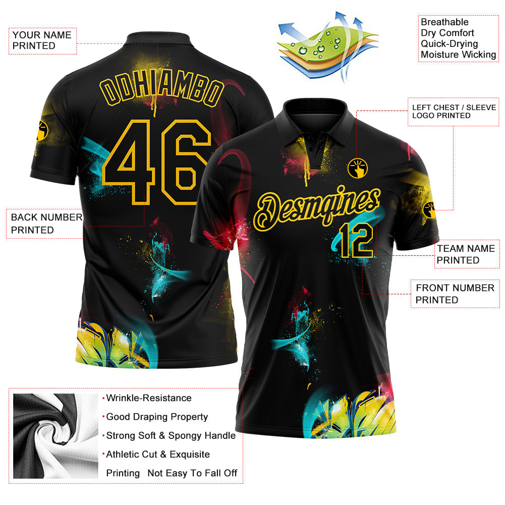 Custom Graffiti Pattern Black-Yellow 3D Performance Golf Polo Shirt view 3