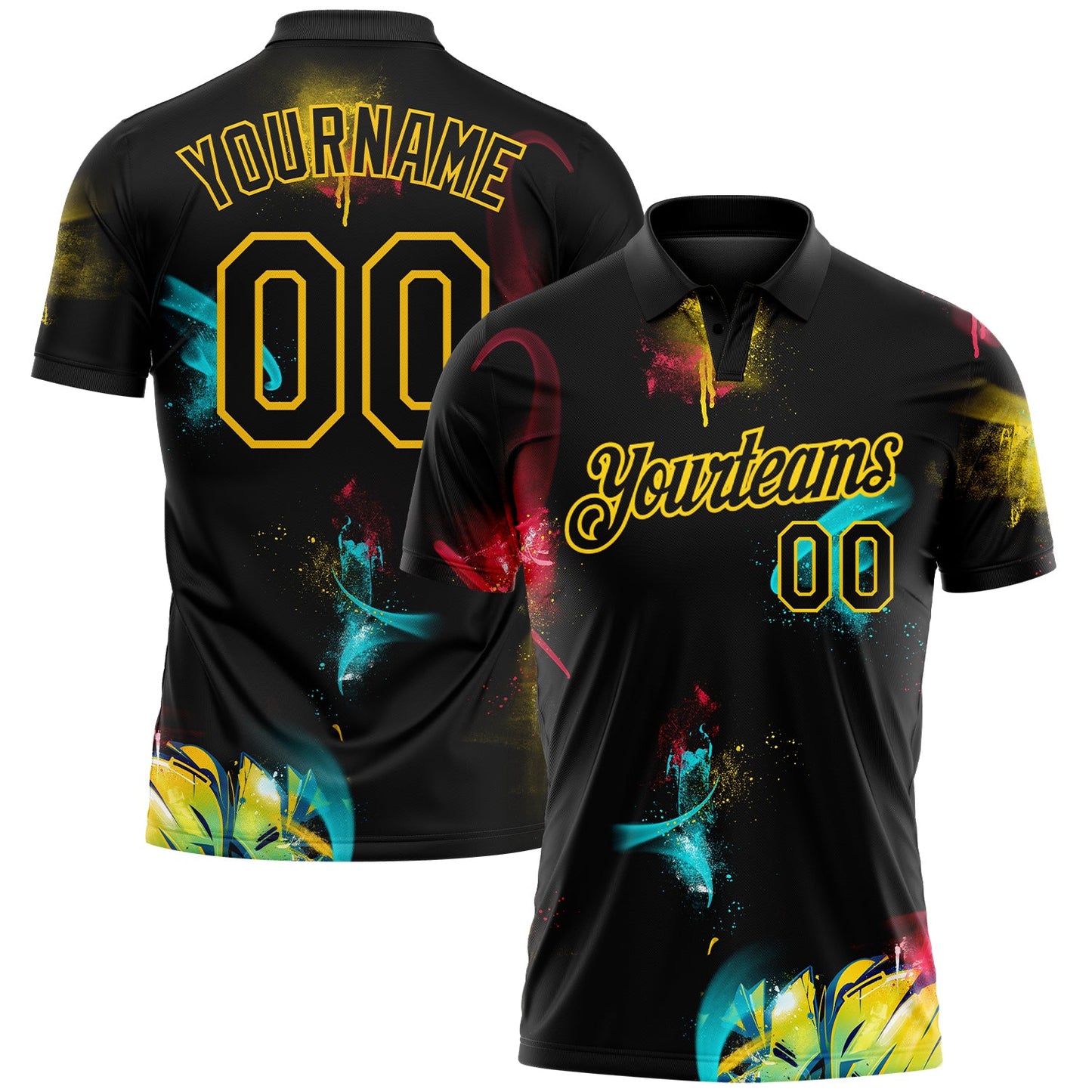 Custom Graffiti Pattern Black-Yellow 3D Performance Golf Polo Shirt - Main View