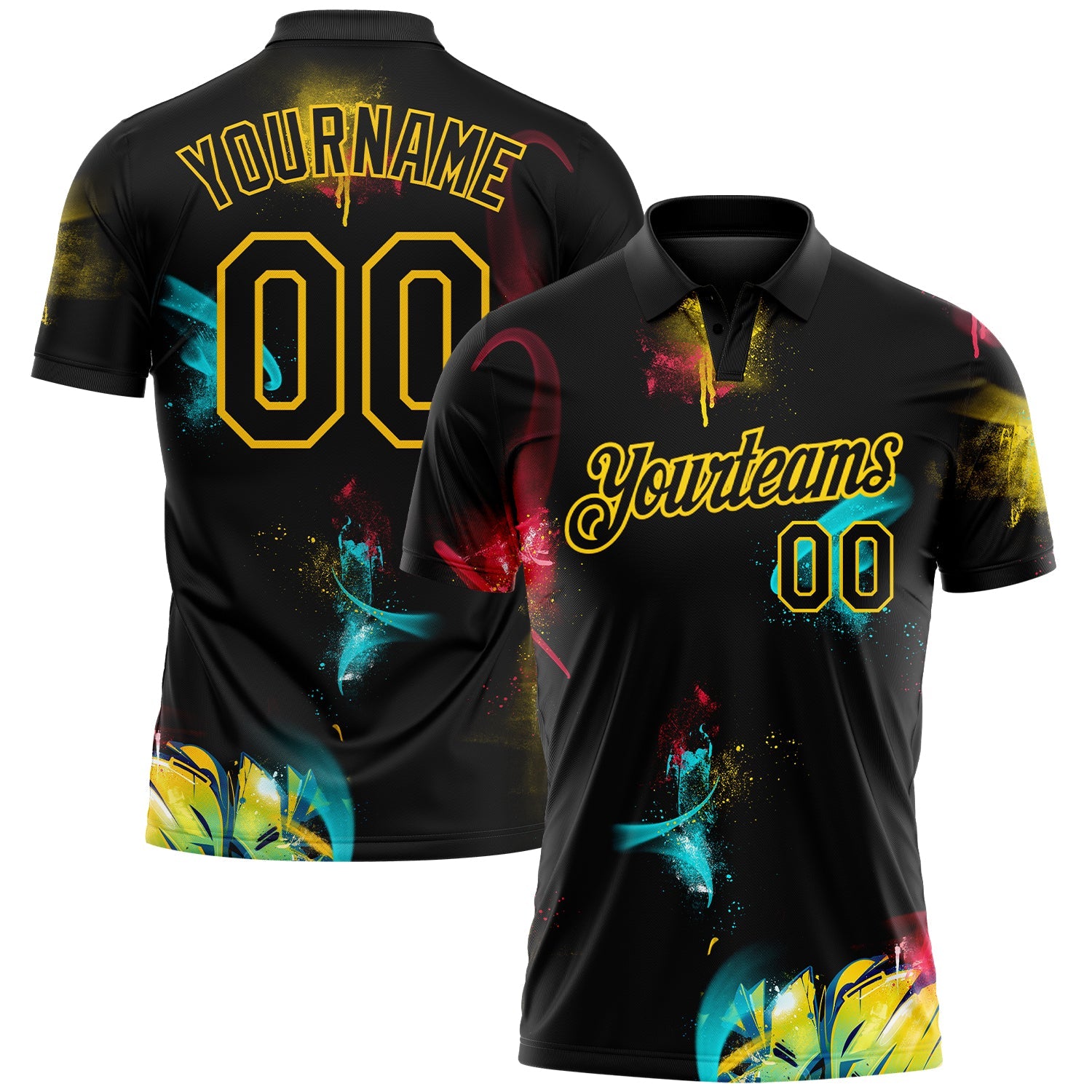 Custom Graffiti Pattern Black-Yellow 3D Performance Golf Polo Shirt - Main View