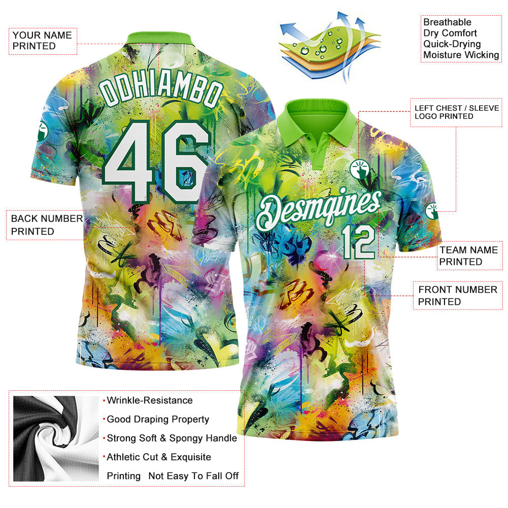 Custom Graffiti Pattern White-Kelly Green 3D Performance Golf Polo Shirt view 3
