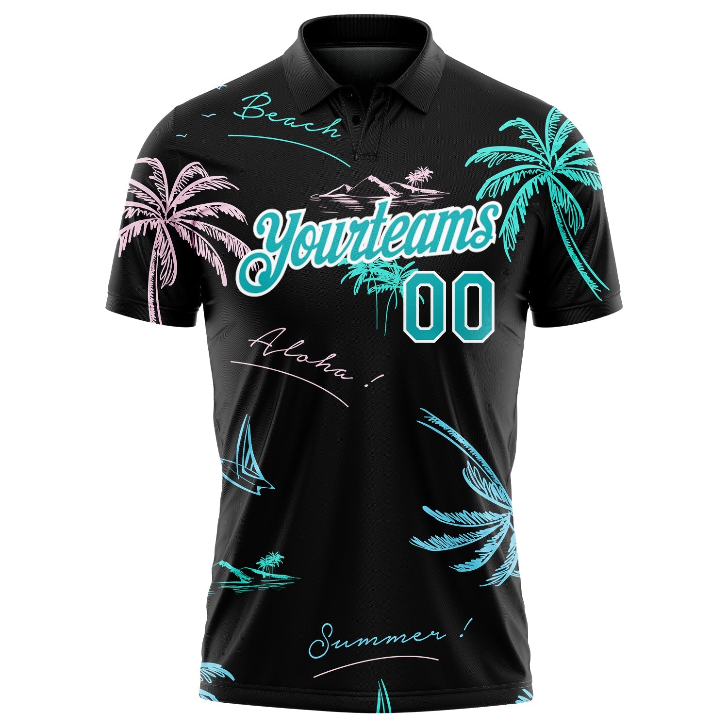 Custom Black Teal-White 3D Pattern Design Hawaii Palm Trees Performance Golf Polo Shirt view 2