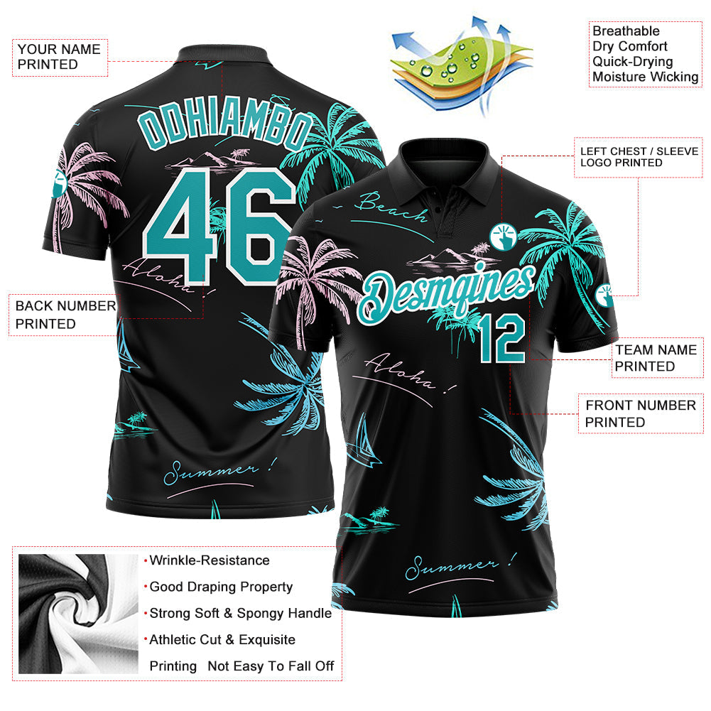 Custom Black Teal-White 3D Pattern Design Hawaii Palm Trees Performance Golf Polo Shirt view 3