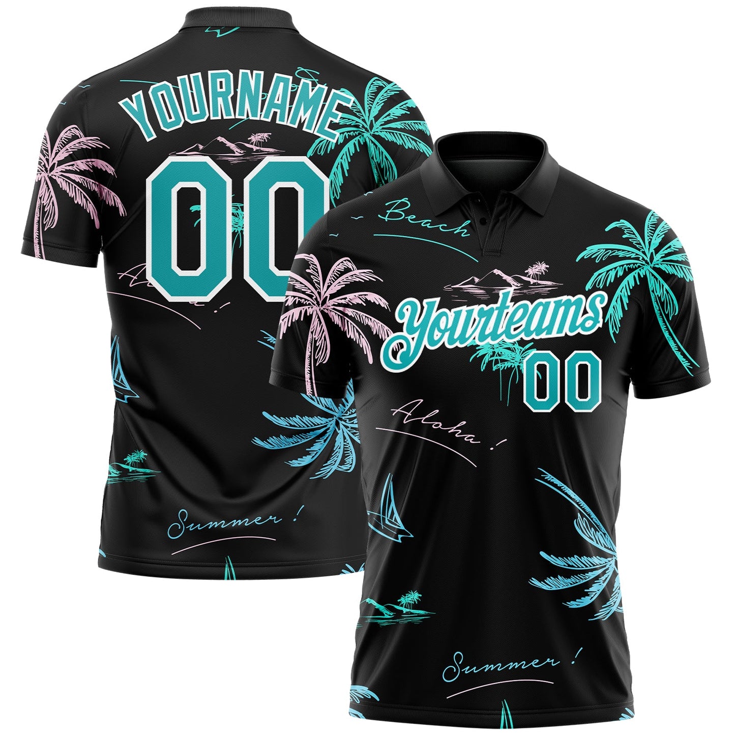 Custom Black Teal-White 3D Pattern Design Hawaii Palm Trees Performance Golf Polo Shirt - Main View