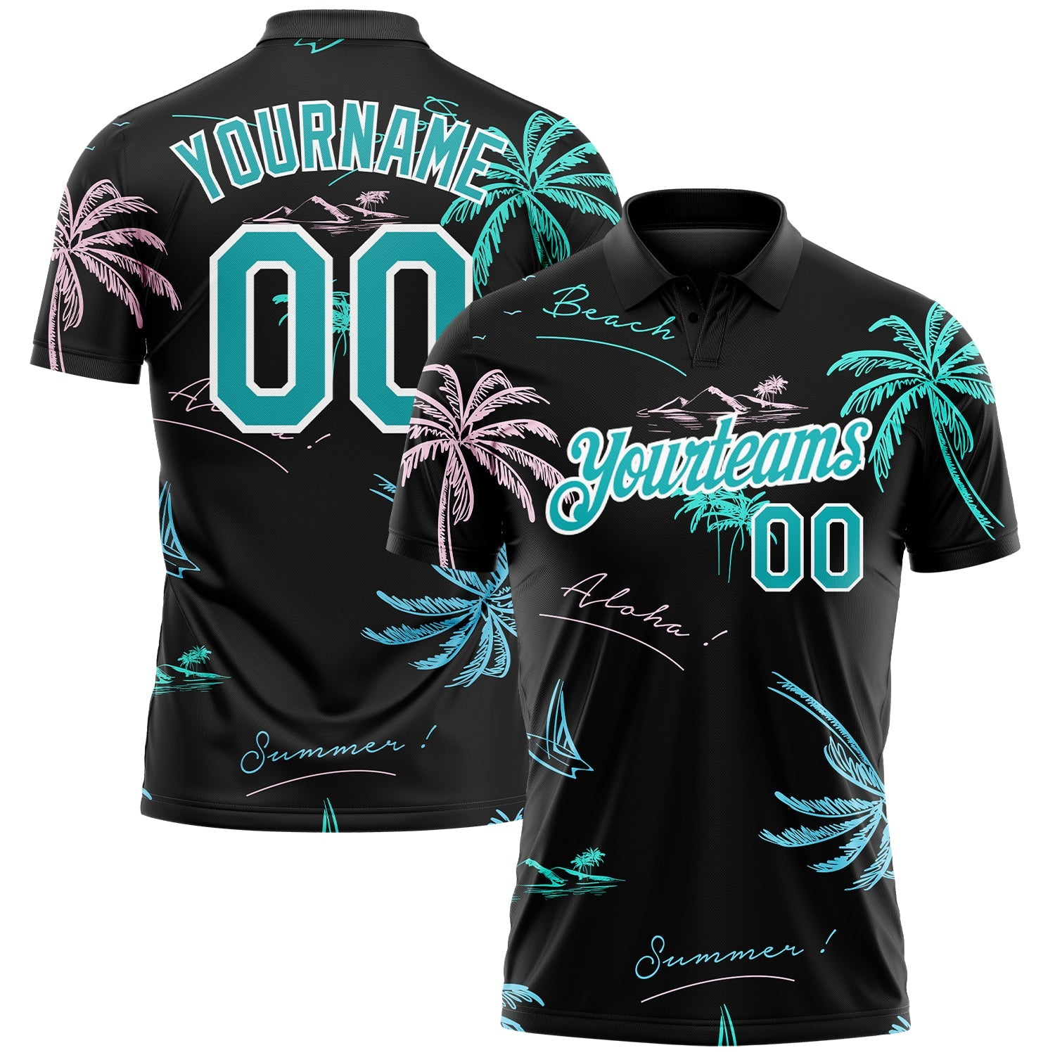 Custom Black Teal-White 3D Pattern Design Hawaii Palm Trees Performance Golf Polo Shirt - Main View