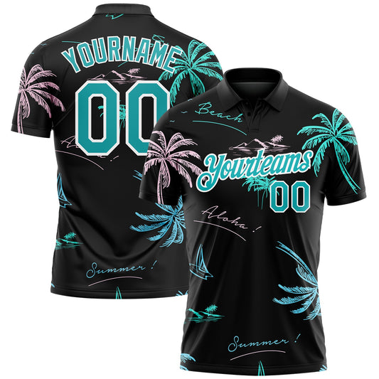 Custom Black Teal-White 3D Pattern Design Hawaii Palm Trees Performance Golf Polo Shirt - Main View