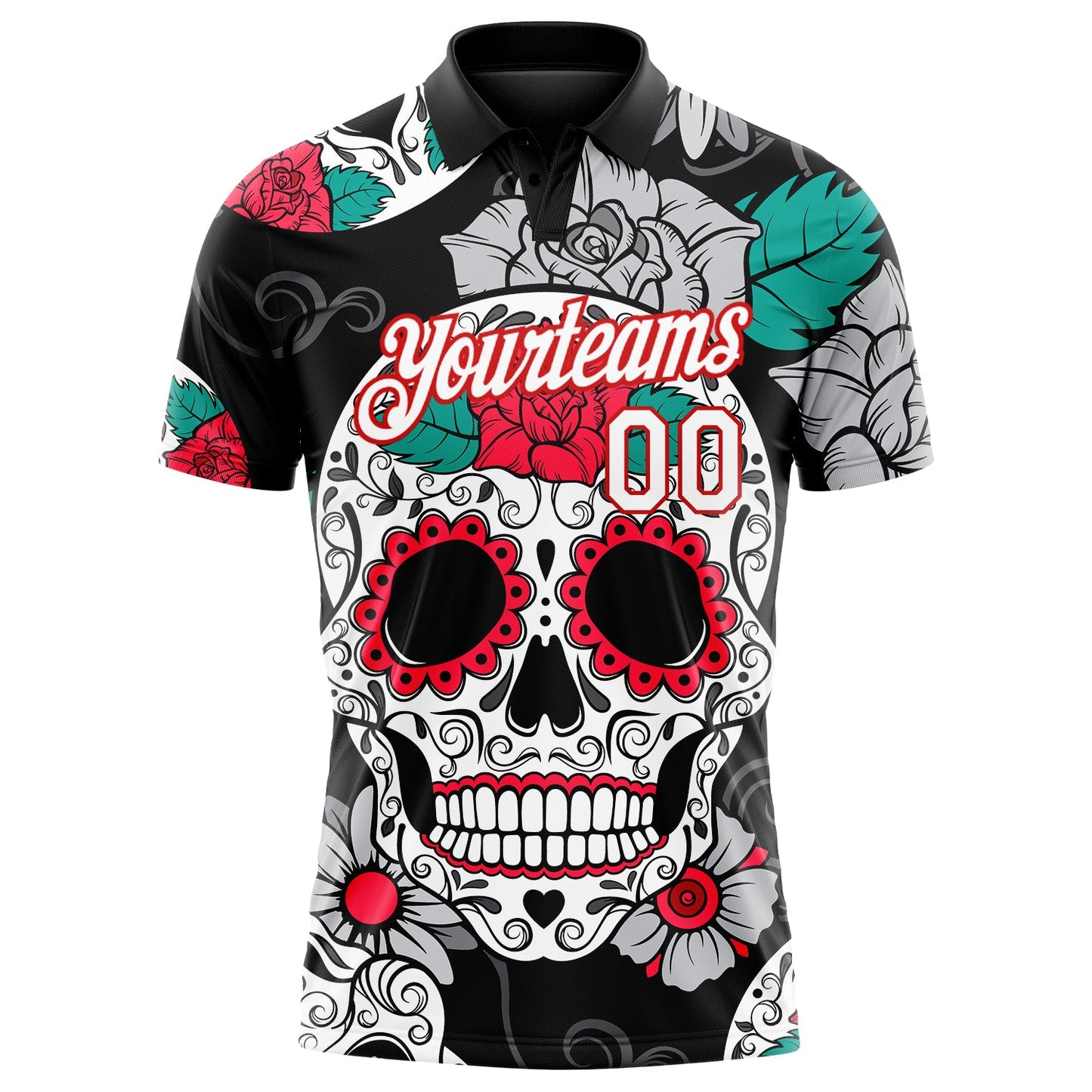 Custom Black White-Red 3D Skull Fashion Performance Golf Polo Shirt view 2