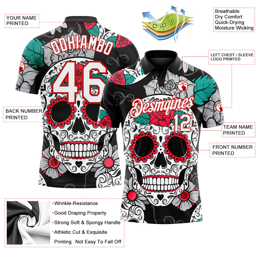 Custom Black White-Red 3D Skull Fashion Performance Golf Polo Shirt view 3