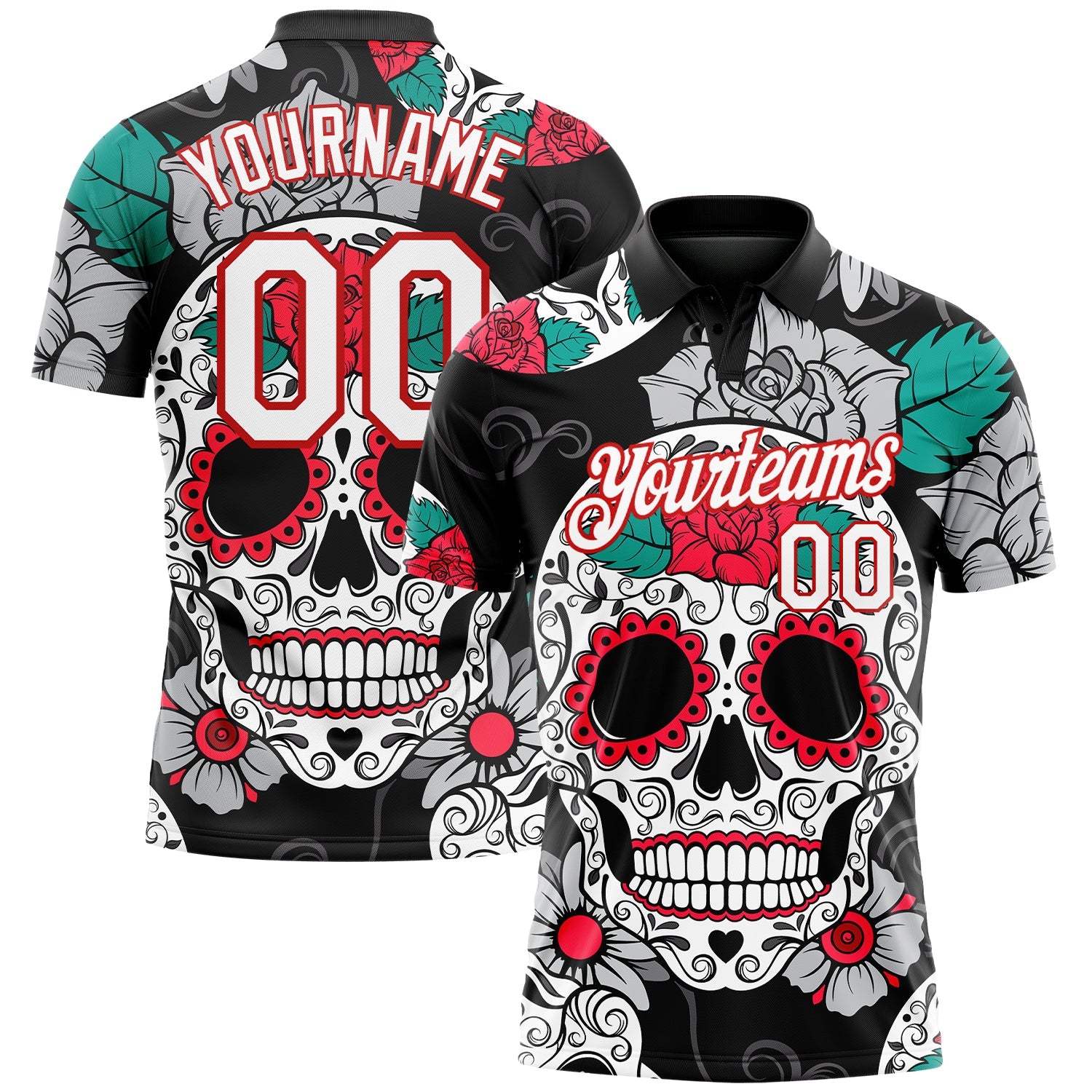 Custom Black White-Red 3D Skull Fashion Performance Golf Polo Shirt - Main View