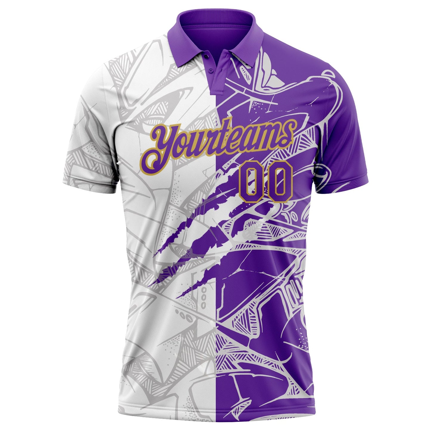 Custom Graffiti Pattern Purple-Old Gold 3D Scratch Performance Golf Polo Shirt view 2