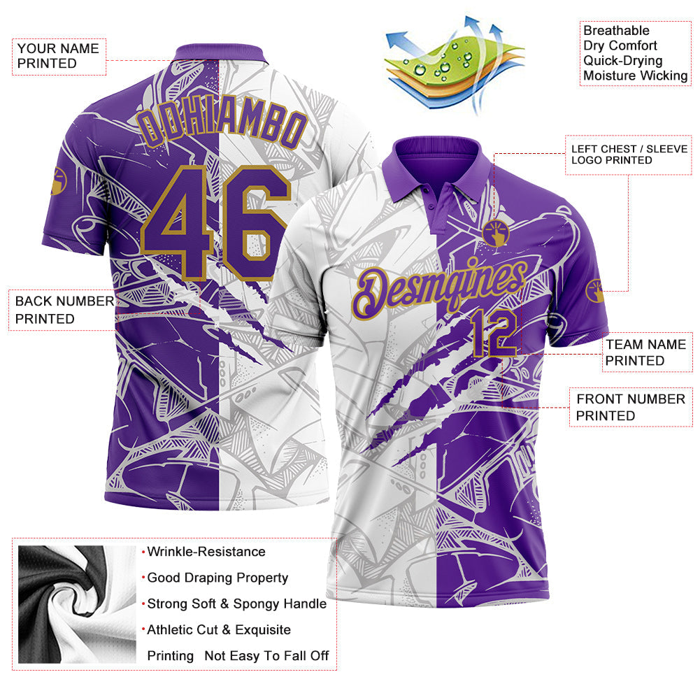 Custom Graffiti Pattern Purple-Old Gold 3D Scratch Performance Golf Polo Shirt view 3