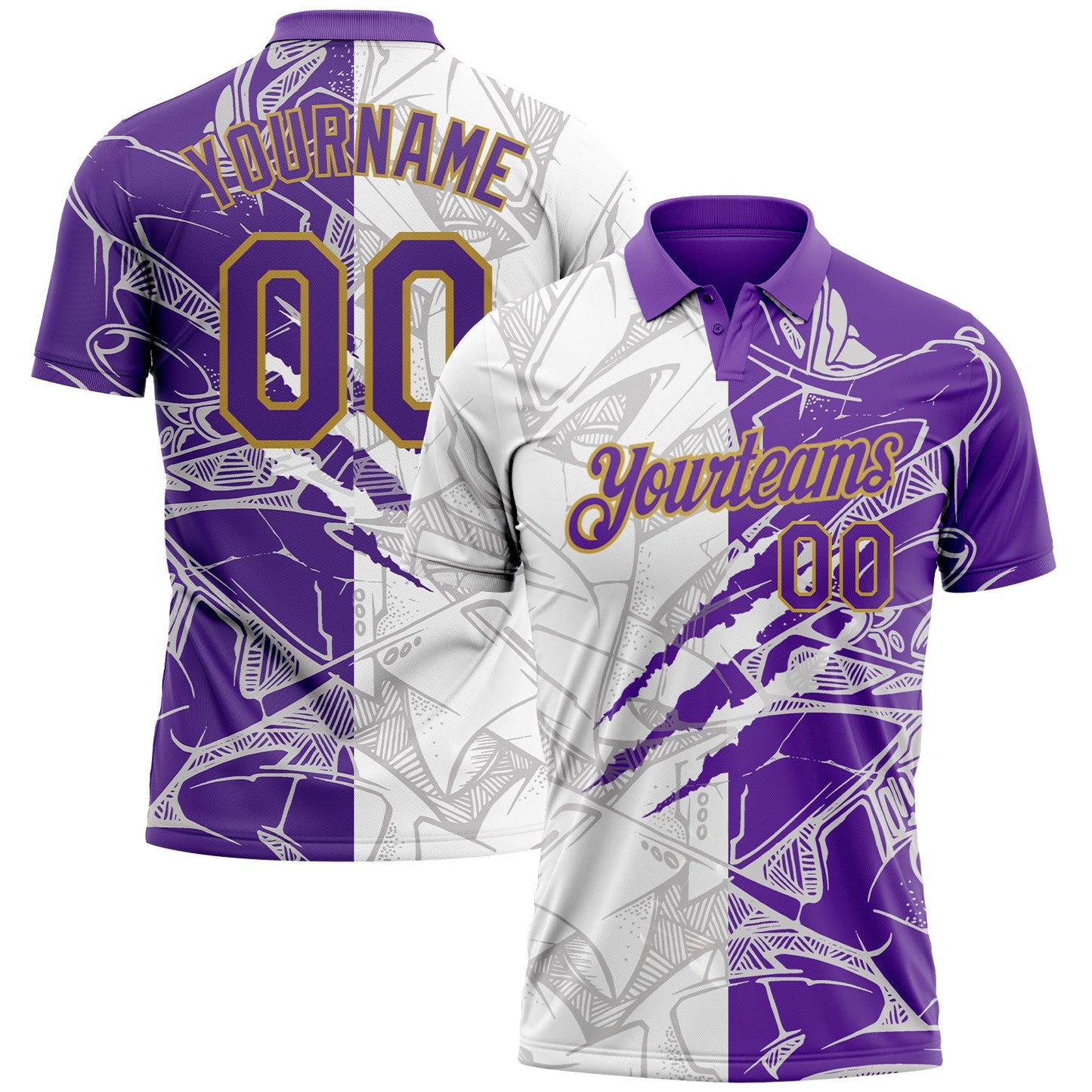 Custom Graffiti Pattern Purple-Old Gold 3D Scratch Performance Golf Polo Shirt - Main View