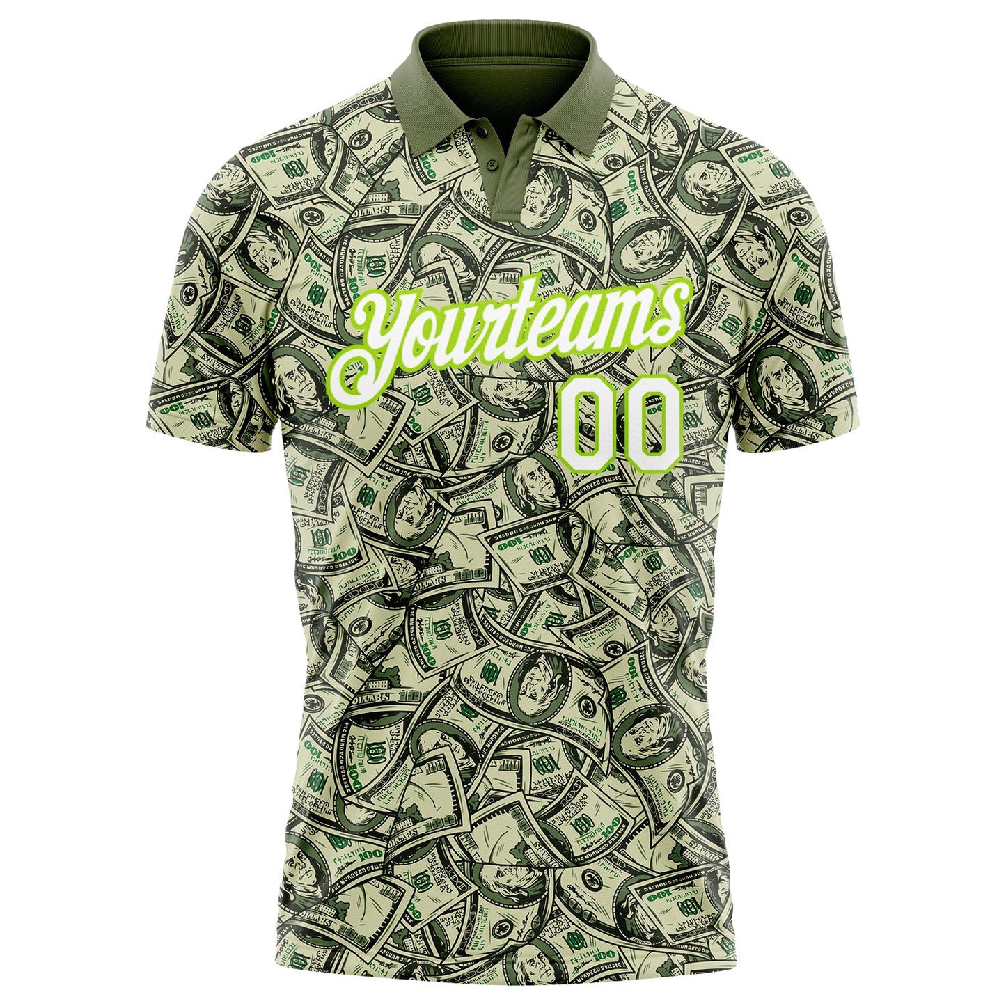 Custom Green White-Neon Green 3D Pattern Design Dollar Performance Golf Polo Shirt view 2