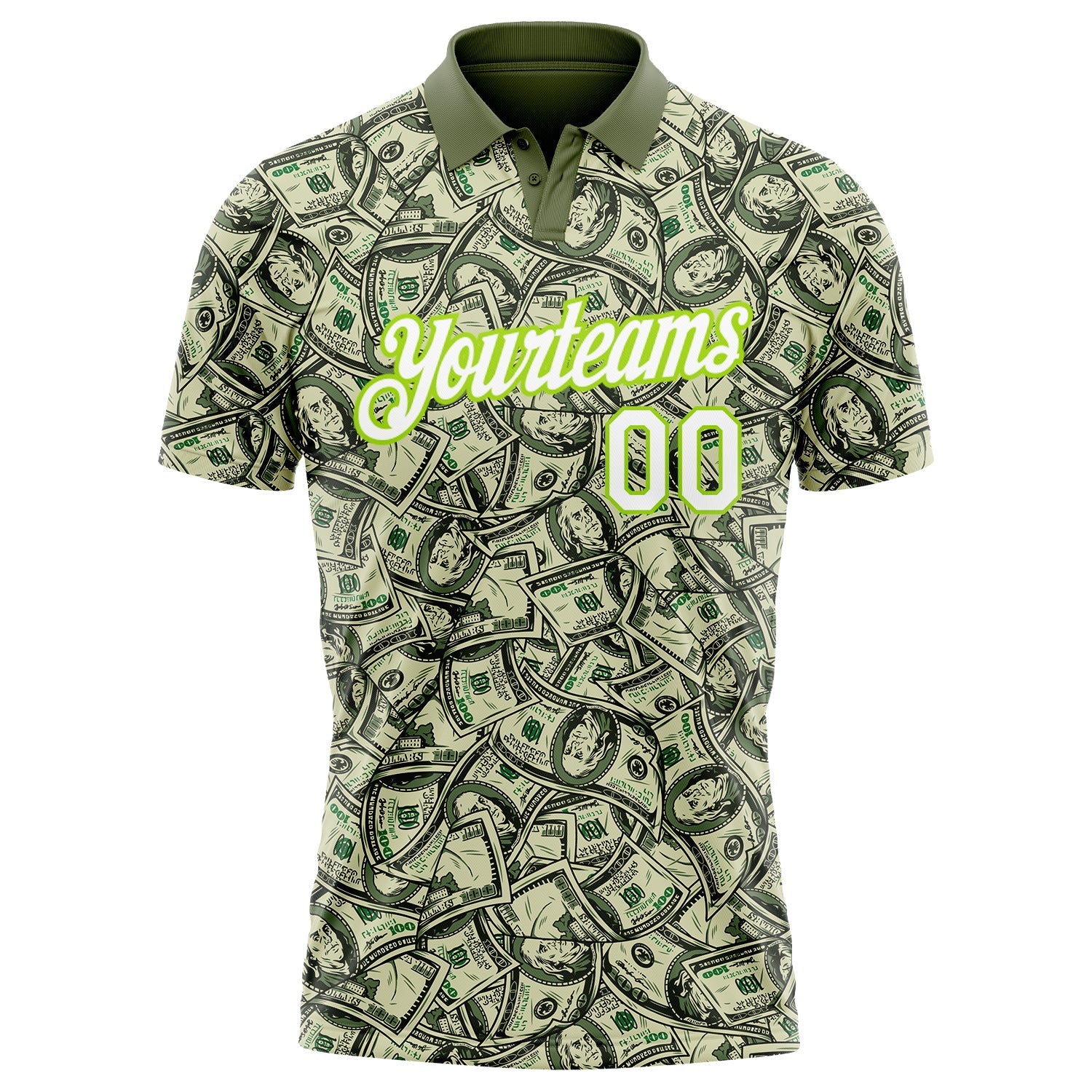 Custom Green White-Neon Green 3D Pattern Design Dollar Performance Golf Polo Shirt view 2