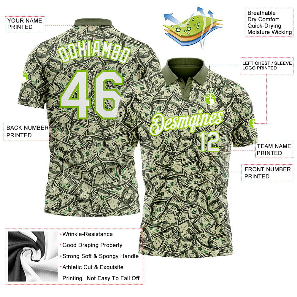 Custom Green White-Neon Green 3D Pattern Design Dollar Performance Golf Polo Shirt view 3