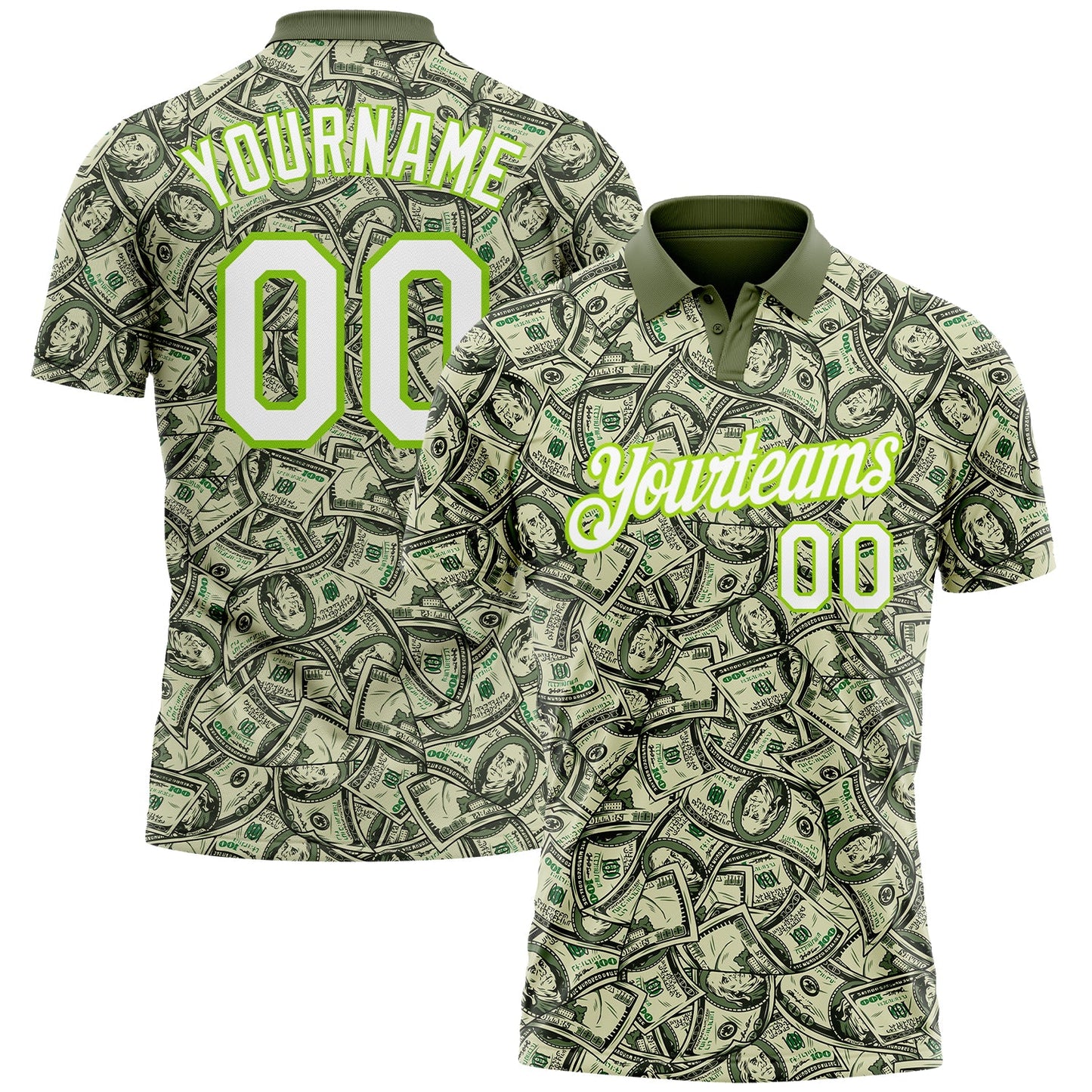Custom Green White-Neon Green 3D Pattern Design Dollar Performance Golf Polo Shirt - Main View