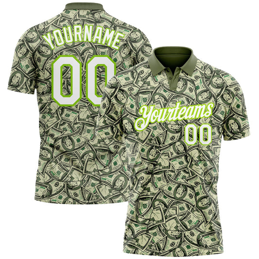 Custom Green White-Neon Green 3D Pattern Design Dollar Performance Golf Polo Shirt - Main View
