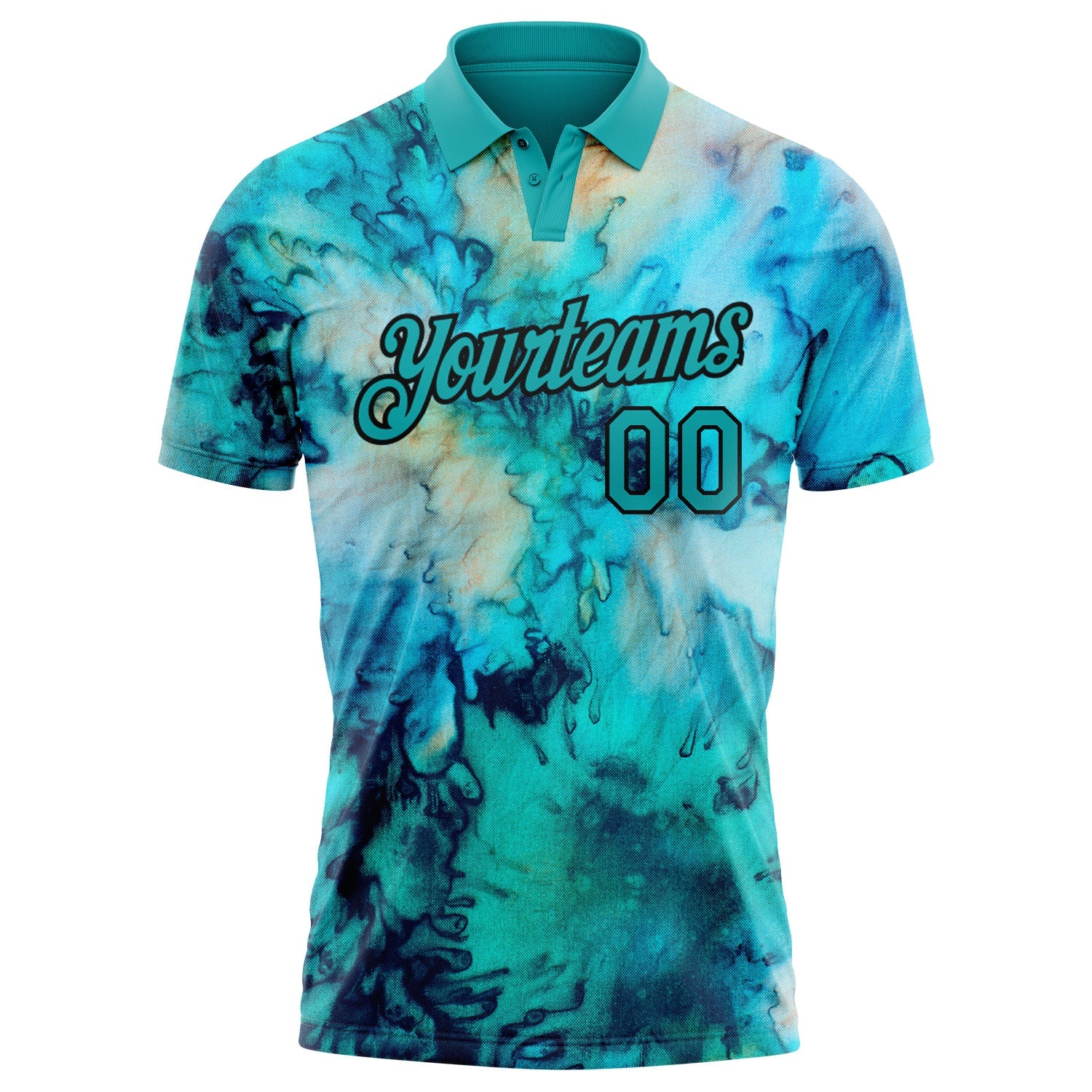 Custom Tie Dye Teal-Black 3D Performance Golf Polo Shirt view 2