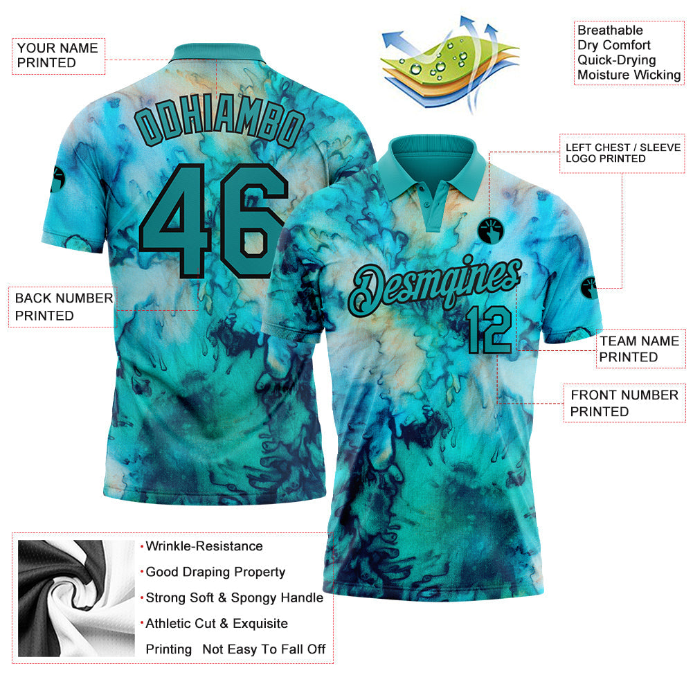 Custom Tie Dye Teal-Black 3D Performance Golf Polo Shirt view 3