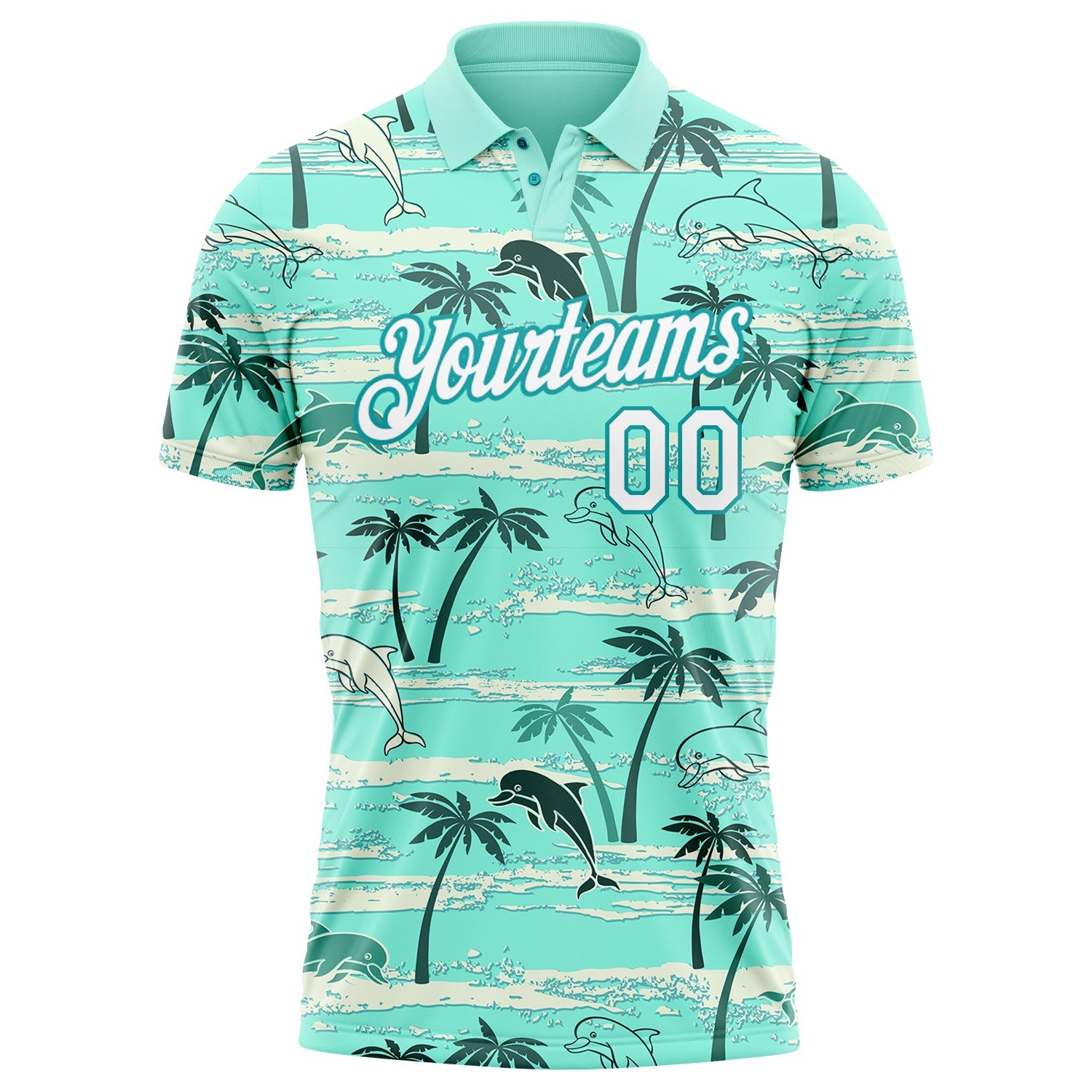 Custom Teal White 3D Pattern Design Hawaii Palm Trees Performance Golf Polo Shirt view 3