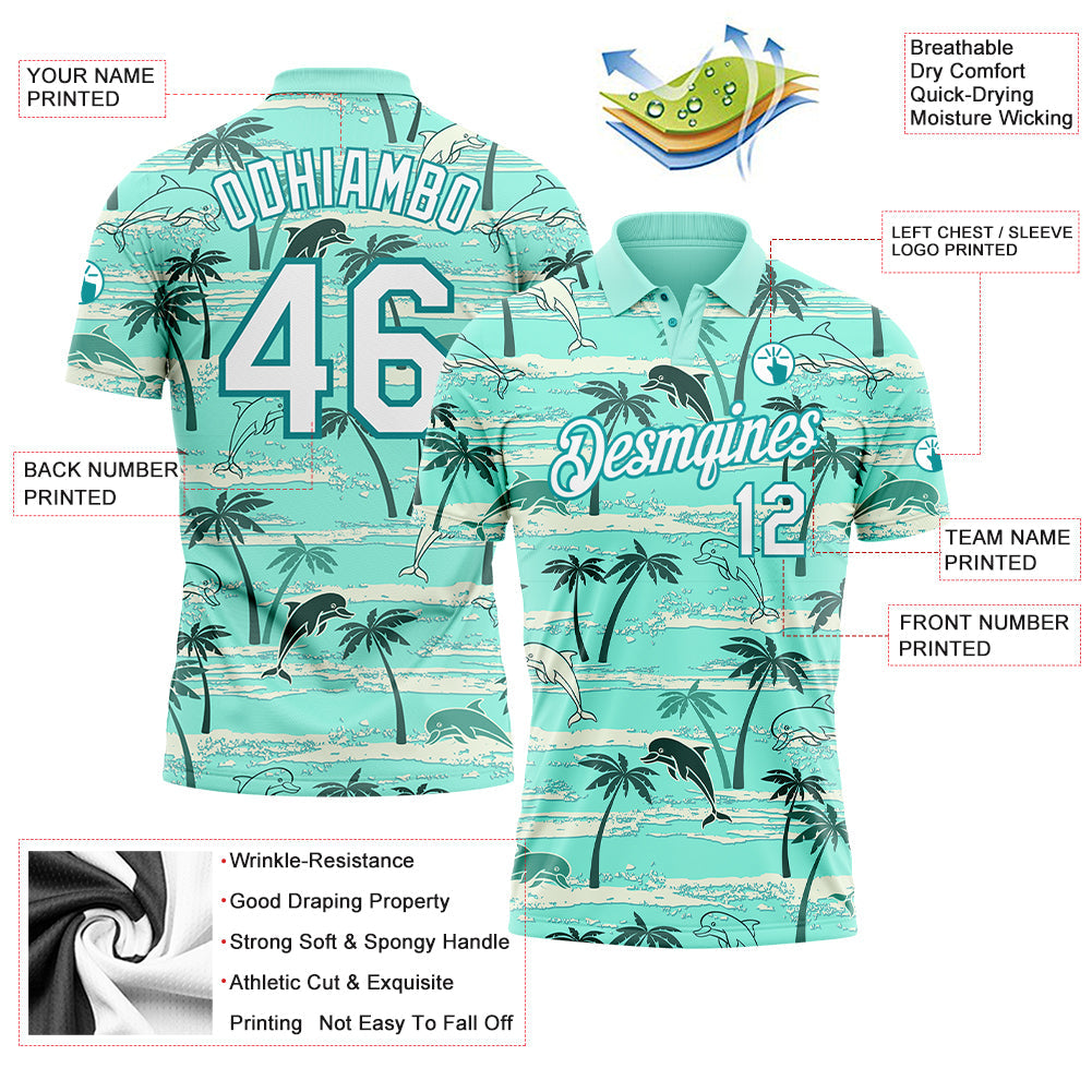 Custom Teal White 3D Pattern Design Hawaii Palm Trees Performance Golf Polo Shirt view 4