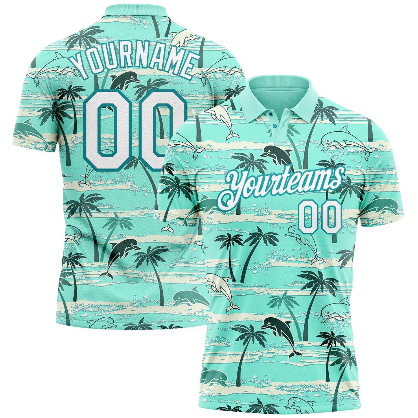 Custom Teal White 3D Pattern Design Hawaii Palm Trees Performance Golf Polo Shirt - Main View