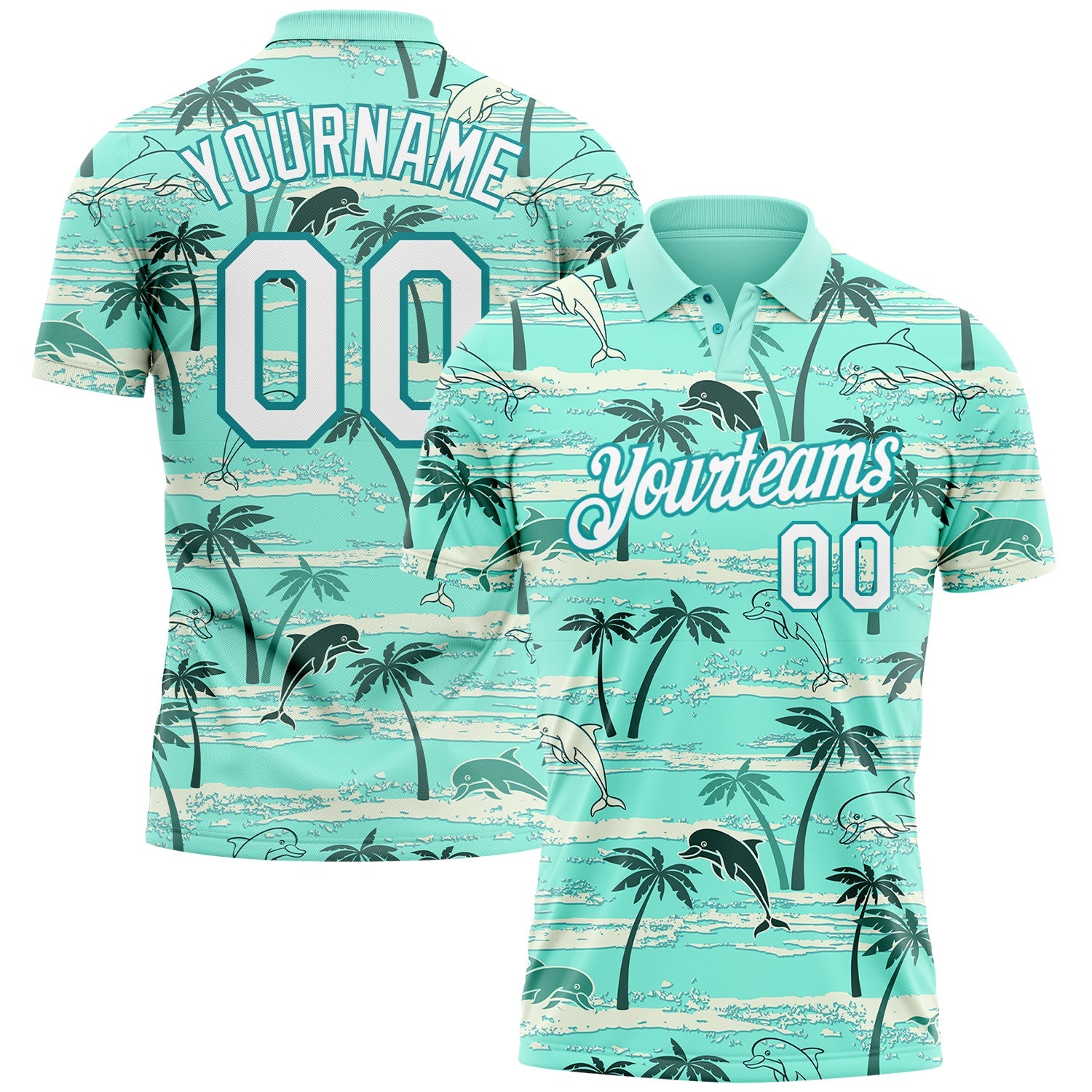 Custom Teal White 3D Pattern Design Hawaii Palm Trees Performance Golf Polo Shirt - Main View