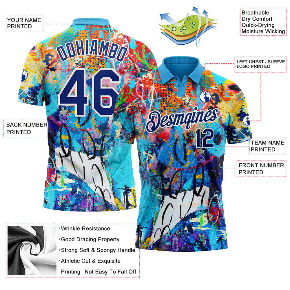 Custom Graffiti Pattern Royal-White 3D Performance Golf Polo Shirt view 3