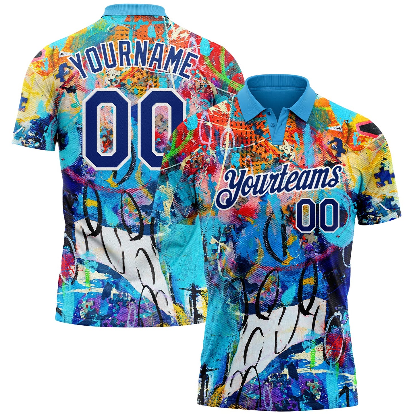 Custom Graffiti Pattern Royal-White 3D Performance Golf Polo Shirt - Main View